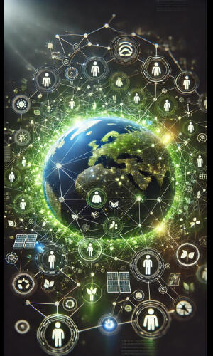 This image shows a digital, interconnected representation of Earth with various icons and symbols surrounding it. These icons, connected by lines and nodes, depict figures, leaves, solar panels, and other sustainability-related symbols.