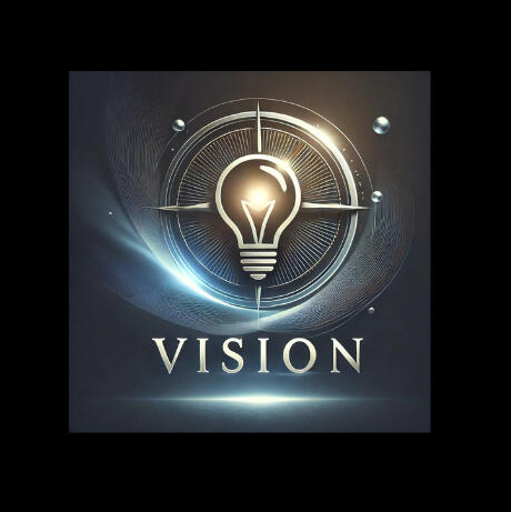 A glowing light bulb icon with compass-like elements around it, symbolizing direction and insight. Below it, the word "VISION" is displayed in bold, metallic lettering, emphasizing innovation and purpose.