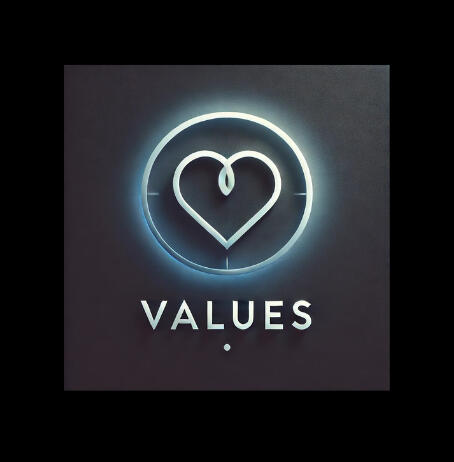 A heart symbol within a circular frame, representing care and integrity. Below it, the word "VALUES" is displayed in bold, metallic letters.