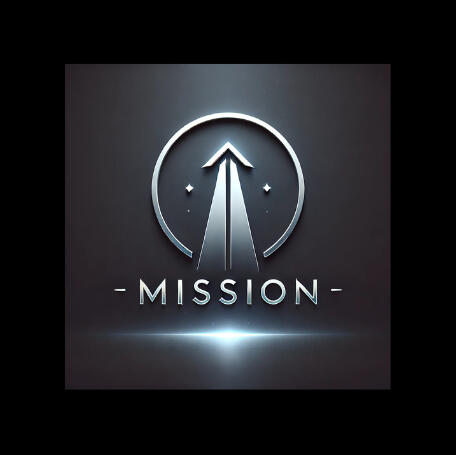 A stylized upward arrow within a circular frame, symbolizing progress and purpose. Below it, the word "MISSION" is displayed in bold, metallic letters, emphasizing focus and direction.