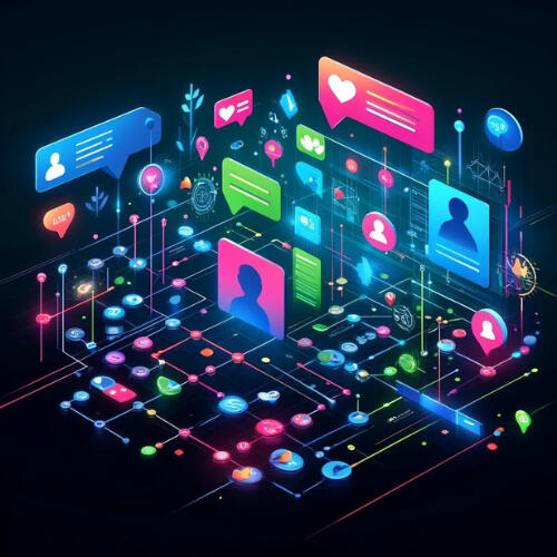 Consciousify. Features. A vibrant illustration of a virtual social network with colorful icons, chat bubbles, and user profiles connected by neon lines, symbolizing an interactive online community.